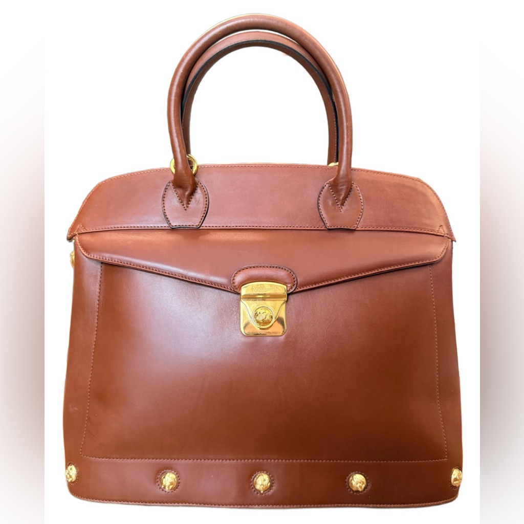 Salvatore Ferragamo Studded Brown Leather Satchel Bag With Gold Hardware